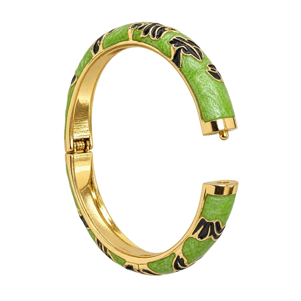 New Green Floral Enamel Hinged Bangle Bracelet Gold Tone Black Rose Design